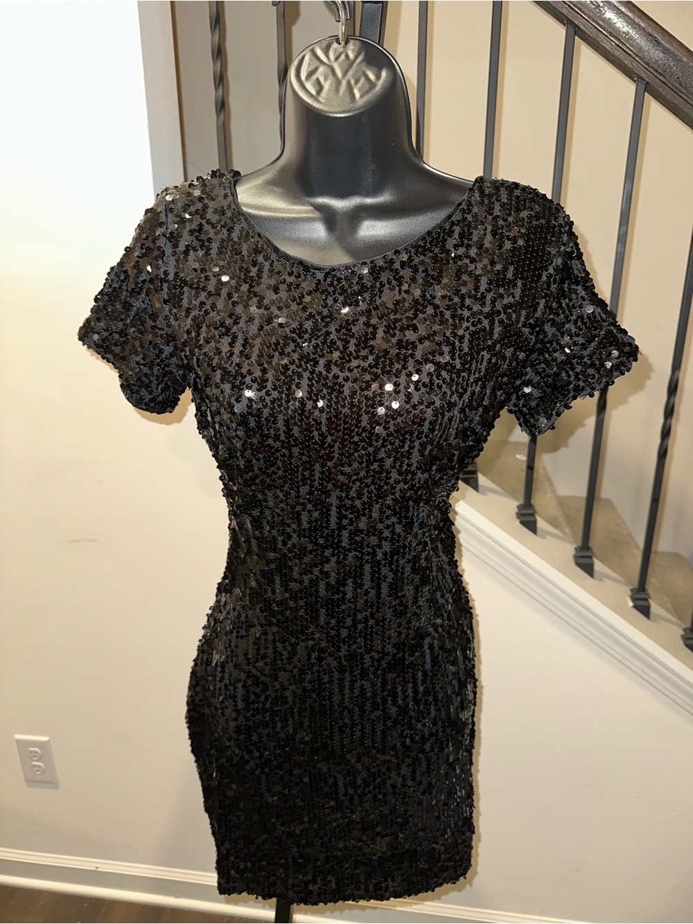 Black Sequined Short Sleeve Mini Dress